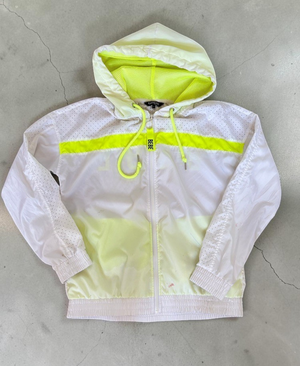 Bebe Sport Mesh Lined Hooded Windbreaker | Women's Size S | White & Neon Yellow